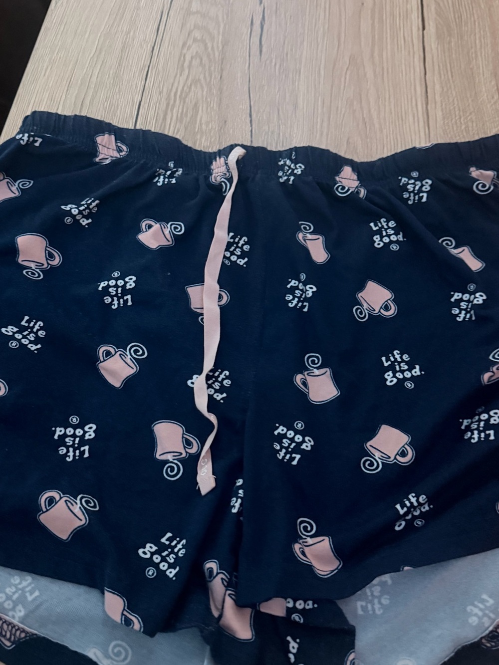 Life Is Good Navy Blue Shorts with Pink Coffee Mug Print